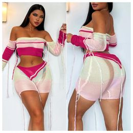 Women's Tracksuits Hole Ribbons Patchwork Knitted Two Piece Set Women Off Shoulder Long Sleeve Strapless Crop Tops Fold Shorts Stretch