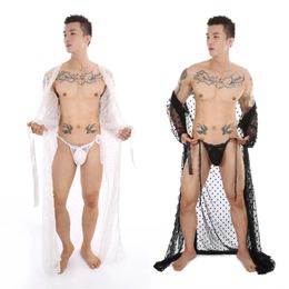Sexy Set Men's Lace Bathrobe Thong Sex Clothing Pole Dance Gay Sissy Fetish Open Crotch Underwear See Through Mesh Bodysuit 231027