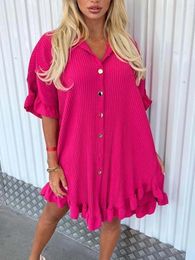 Casual Dresses Women Turn Down Collar Button Half Sleeve Blouse Shirt Dress Summer Female Ruffle Irregular Loose OUALFS-6541