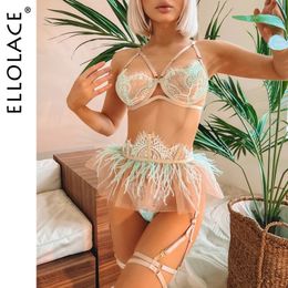 Sexy Set Ellolace Feather Delicate Lingerie Sexy Underwear Luxury Lace Set Woman 3 Pieces Sissy Bilizna Outfit Intimate Exotic Sets 231027