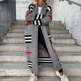 Women's Sweaters Fashion Street Trend Striped Knited Patchwork Cardigan Winter Thick Long Sleeve Sweater Coat Elegant Ladies V-Neck Long Cardigan T231027