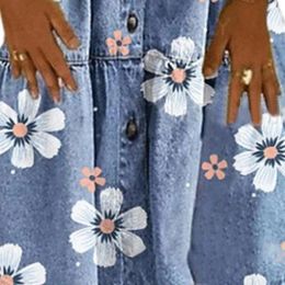 Casual Dresses Distressed Denim Dress Knee-length Women Buttons Breathable Turn Down Collar Floral Print