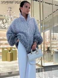 Women's Sweaters Sequin Knitted Women's Sweater Autumn Bishop Sleeve Zippers Loose Casual Sweaters Female 2023 Lady Stand Collar Outerwear T231027