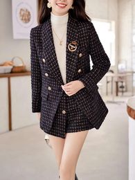 Two Piece Dress Elegant Vintage Tweed Blazer Shorts Suits Autumn Winter Outfits for Women Two Piece Office Matching Set Plus Size Clothing 231026