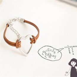 Fashion Handmade Leather Bracelets Heart Shape Pendants Women's Charm Bracelet Brand New 30pcs lot2801
