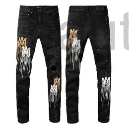 Miri Denim Distressed Ripped Biker Embroidery Patch Hole Cool Fit Motorcycle Style Pants High Quality Trend Cotton