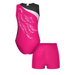 Gymnastic Rings Children Girls Competition Performance Leotards with Boxer Shorts Sleeveless Shiny Stylish Dance Clothes 231027