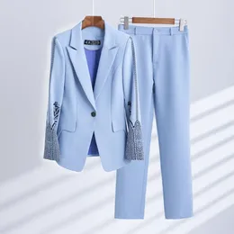 Women's Two Piece Pants Elegant Women Formal 2 Set Blue White Pink Jacket Trouser Suits Office Ladies Business Work Wear Blazer Pant Sets