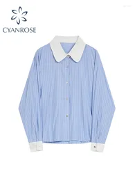 Women's Blouses Blue Striped Shirts And Y2k 90s Vintage Korean Harajuku 2000s Elegant Long Sleeve Shirt Top 2023 Clothes Autumn
