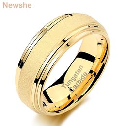 Newshe Yellow Gold Color Tungsten Carbide Men's Wedding Rings 8mm Frosted Band Ladder Edge Fashion Jewelry TRX073 Y1124254U