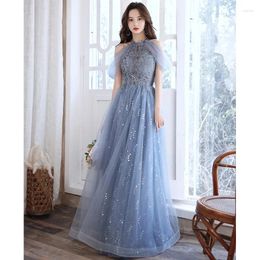 Party Dresses Blue Halter Cocktail Dress Women Beaded Hollow Sequins Prom Gown Elegant Classic Tulle Sleeveless A-line Evening