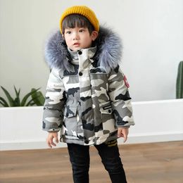 다운 코트 30도 어린이의 겨울 흰 오리 재킷 소녀 옷을위한 파카 소년 위장 코트 스키복 두꺼운 모피 아이 스노우 슈트 231026