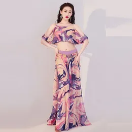Stage Wear 2023 Belly Dance Suit Printing Top Short Sleeves Split Skirt Practise Clothes Set Female Elegant Performance Clothing Summer