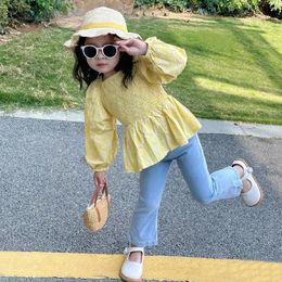 Clothing Sets Fashion Autumn Baby Girls Shirts Yellow Flower Print Puff Sleeves Patchwork Pleated Casual Dresses Kids Outwears