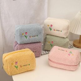 Cosmetic Bags Ins Cute Tulips Flower Portable Soft Plush Toiletry Lipstick Jewellery Storage Pouch Student Colour Large Pencil Case