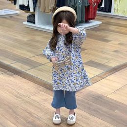 Clothing Sets Two Pieces Autumn Baby Girls Streetwears Blue Flower Print Casual Mini Dresses Drawstring Pants