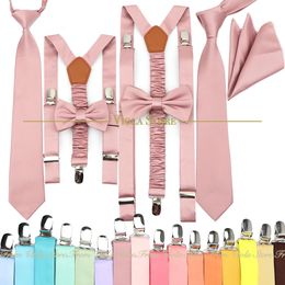 Neck Tie Set Top Color Pink Green Men Kid Solid Polyester Suspenders Bow Tie Hankie Sets Wedding Party Brace Straps Gift Accessory 2 Size 231027