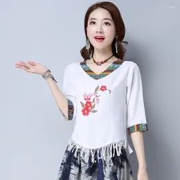 Women's T Shirts 2023 Summer Dress Folk Style Cotton And Linen Vintage Jacket Chinese Embroidery Embroidered 7 Sleeve T-shirt