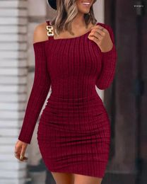 Casual Dresses Women Fashion Solid Colour Long Sleeve Skinny Dress Chain Decor Cold Shoulder Ribbed Bodycon