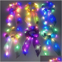 Hair Accessories Led Flashing Neon Light Up Bow Scrunchies For Girls Cute Scrunchie Ponytail Holders Scarf Ties Women Glow Drop Deli Dhzdd