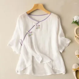 Women's Blouses 2023 Summer Arts Style Women Short Sleeve Loose V-neck Shirt Vintage Embroidery Cotton Linen Shirts Femme Tops