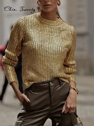 Women's Sweaters Shiny Gold O Neck Sweater Women 2023 Autumn Winter Causal Ribbed Long Sleeve Knit Pullover Elegant Streetwear Loose Lady Jumper 231026