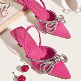 Sandals Women Pumps Pointed Toe Party Sandals Ladies Low Thin High Heels Rhinestones Butterfly-Knot Slides Fashion Female Shoes 231026