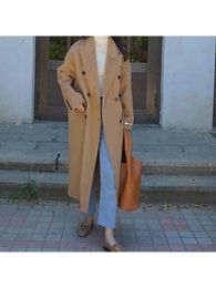 Women's Wool Blends Winter Korean Style High-End Handmade Double Breasted Black Long 100% Wool Coat Women Lapel Loose Warmer Woolen Jacket 231026