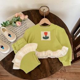 Clothing Sets 2023 Spring Autumn Cute Girls Sweet Flower Patch Ruffle Edge Top Pants Two Piece Children Fashion Suits