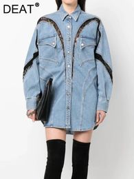 Womens Wool Blends DEAT Fashion Womens Coat Loose Lapel Single Breasted Full Sleeve Lace Splited Solid Colour Denim Jackets Summer 17A9124 231027
