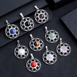 Natural Stone Crystal Carving Round SunflowerCharms Tiger Eye Rose Quartz Rhinestone Women Pendants for Necklace Jewellery Making