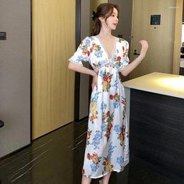 Women's Sleepwear Lace V-neck Nightdress Women Printed Satin Nightgown Summer Short Sleeve Nightwear Home Dressing Gown Nighty Robe