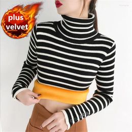 Women's Hoodies 2023 Super Soft Slim Striped Plus Velvet Thick Sweatersh Women Tops High Neck Knit Sweater Madam Casual Bottoming Shirt