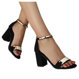 Sandals High Women's Buckle Fashion Flock Casual Strap Shoes Heel Round Toe