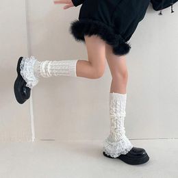 Women Socks In JK Lolita Leg Warmer Cable Knitted Foot Cover Winter Warm Knee High With Lace Hem Boot Cuffs Kawaii