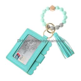 Fashion Pu Leather Bracelet Wallet Keychain Party Favor Tassels Bangle Key Ring Holder Card Bag Sile Beaded Wristlet Wsdf Drop Deliver Dhtaq