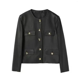 Women's Leather Women Fashion Single Buttons Genuine Jacket Lady Real Sheep Coats