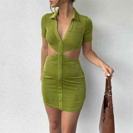 Sexy Dress Women New Summer Lapel Hollow Out Exposed Waist Short Sleeve Single Breasted Wrap Hips Party Mini Dress Vestidos 210412298S