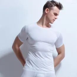 Men's Sleepwear Sexy Men Ultra-thin Underwear Set Ice Silk Spandex Sheer Tight Short Sleeve Undershirt Shorts Soft Suit
