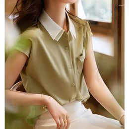 Women's Blouses Summer 2023 Short Sleeves Ladies Tops Button Casual Green Shirt Women Turn-down Collar Loose Blouse