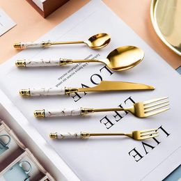 Flatware Sets 5PCS Gold Stainless Steel Cutlery Set Dinnerware Emerald Marble Ceramic Handle Knife Fork Tea Spoon Dinner