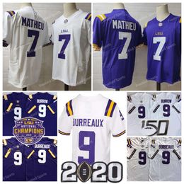 College LSU Tigers Football Jersey Burreaux 9 Joe Burrow 7 Mathieu Mens Stitched Jerseys Purple White 2020Patch