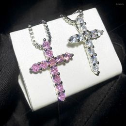 Choker Arrived Female Cross Pendant Inlaid White Pink Cubic Zirconia Fashionable Women Necklace For Party Jewelry