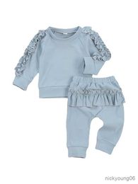 Clothing Sets 0-24M Newborn Baby Girl Autumn Clothing Set Long Sleeve Solid Cotton Soft Top Pants Pink Red Blue Rose Red R231028