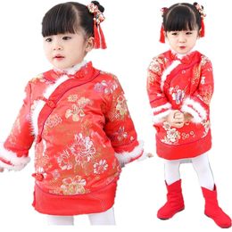 Dancewear Red Floral Baby Girls Dress Quilted Down Jacket Chinese Traditional Qipao Dresses Children Cheongsam Girl Coat Outerwear Tops 231027