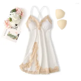 Women's Sleepwear White Lace Sleepdress Female V-Neck Nightwear Summer Robe Nightdress Satin Chemise Nightgown Mini Kimono Dressing Gown