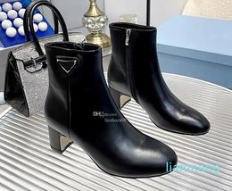 Fashion Short Boots Side Zipper Leather Boots thick with Round head High Heels