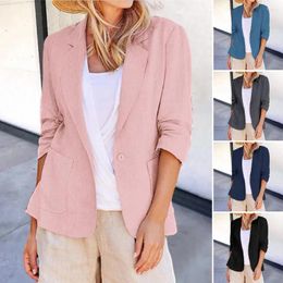 Women's Suits Women Stylish Loose Fit Single Button Cardigan With Lapel Three Quarter Sleeves Pockets For Business Commuting