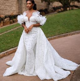 2023 Nov Arabic Aso Ebi Plus Size White Mermaid Luxurious Wedding Dress Lace Beaded Bridal Gowns Dresses ZJ505