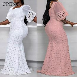Ethnic Clothing 2023 White Lace African Mesh Dress For Women Elegant Lady Wedding Evening Dresses Plus Size Sexy Femme Party Bodycon Gown